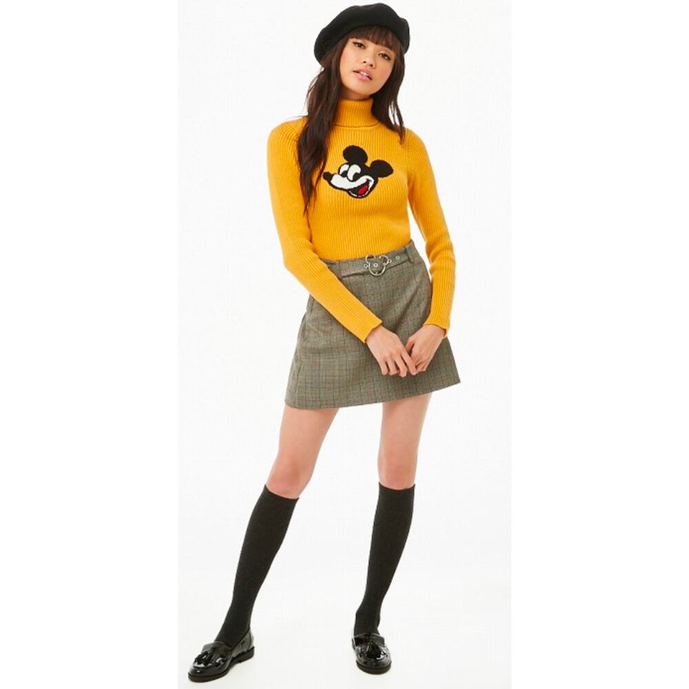 Junior size gold Mickey Mouse turtle neck knit varsity style sweater, Forever 21